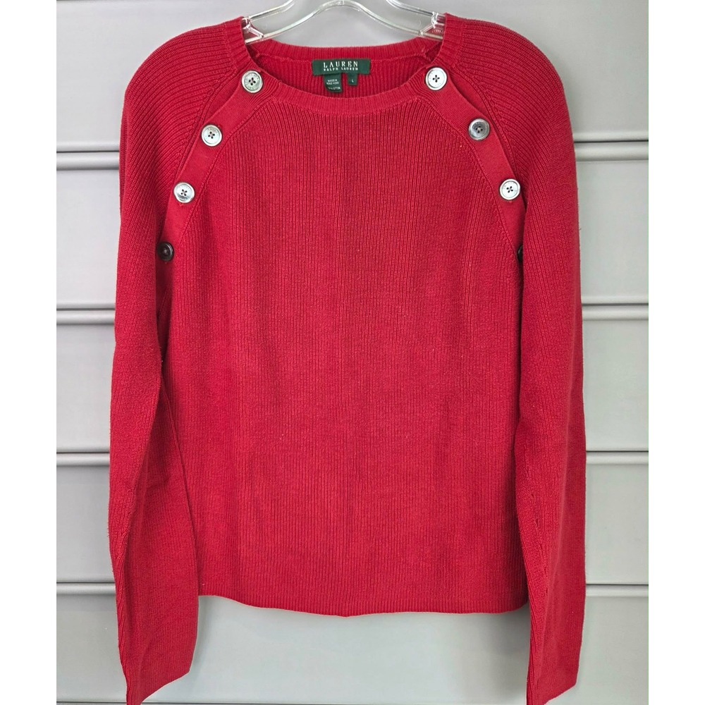 Lauren Ralph Lauren Red 100% Cotton‎ Knit Button Shoulder Sweater Womens Large
